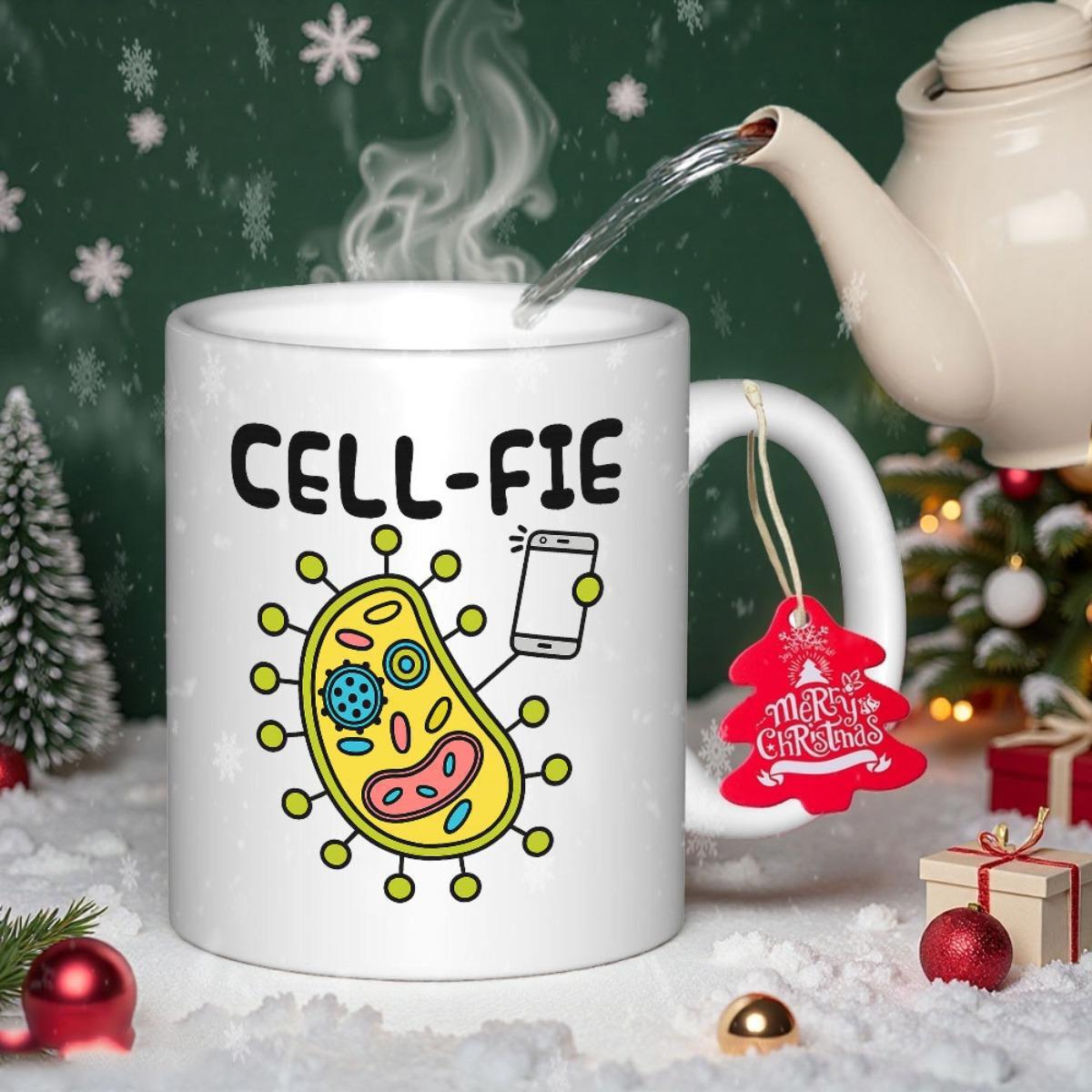 Tailorly White Ceramic 11 oz Mug - Cell Fie Funny Cartoon Biological Cell Holding A Smartphone Taking A Science Selfie Cell