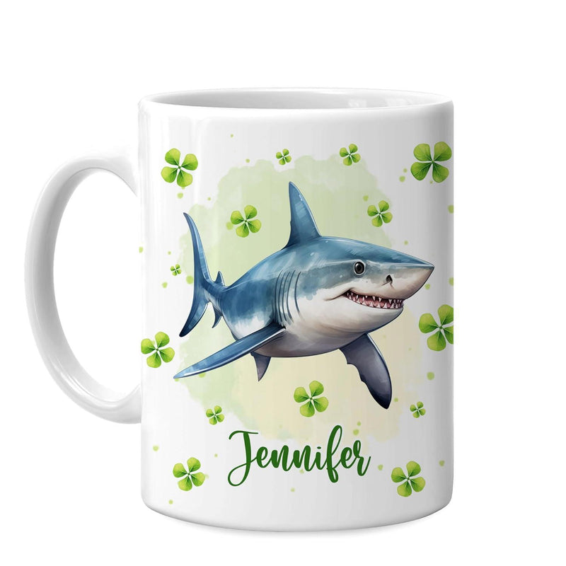 Tailorly White Ceramic 11 oz Mug - Jennifer Powerful Great White Shark Swimming Among Lucky Green Four Leaf Clover Shark