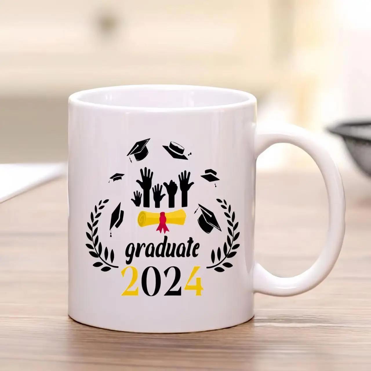Tailorly White Ceramic 11 oz Mug - Graduate 2024 Hands Tossing Mortarboard Caps Celebrating Success Under Wreath Graduation Cap