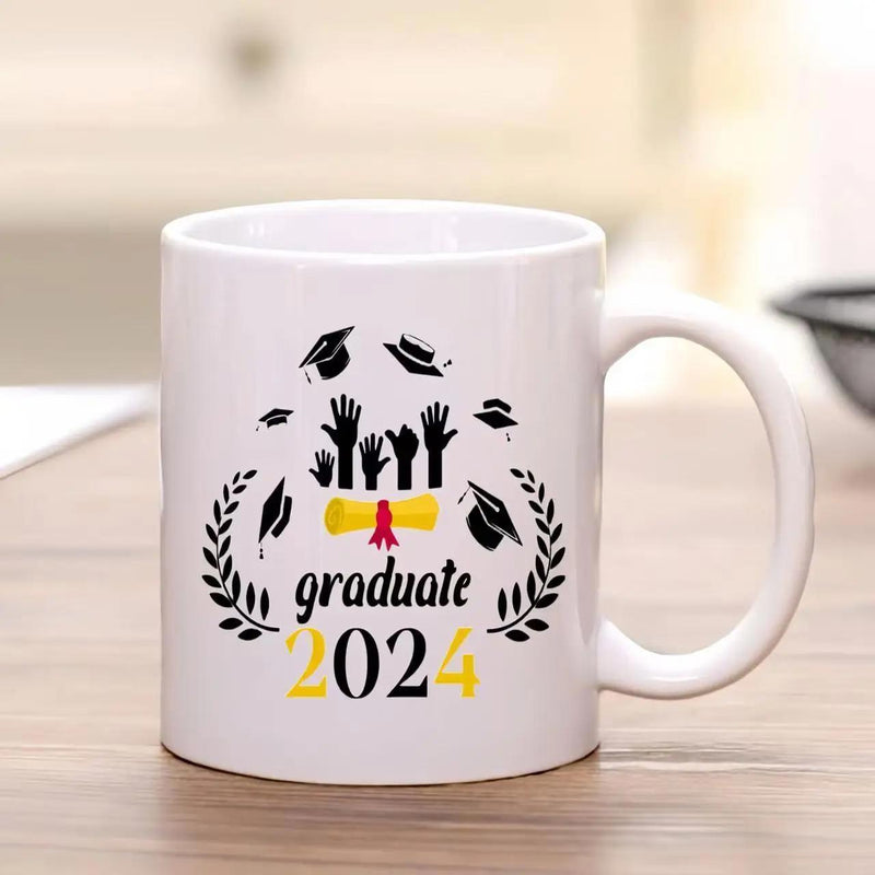 Tailorly White Ceramic 11 oz Mug - Graduate 2024 Hands Tossing Mortarboard Caps Celebrating Success Under Wreath Graduation Cap