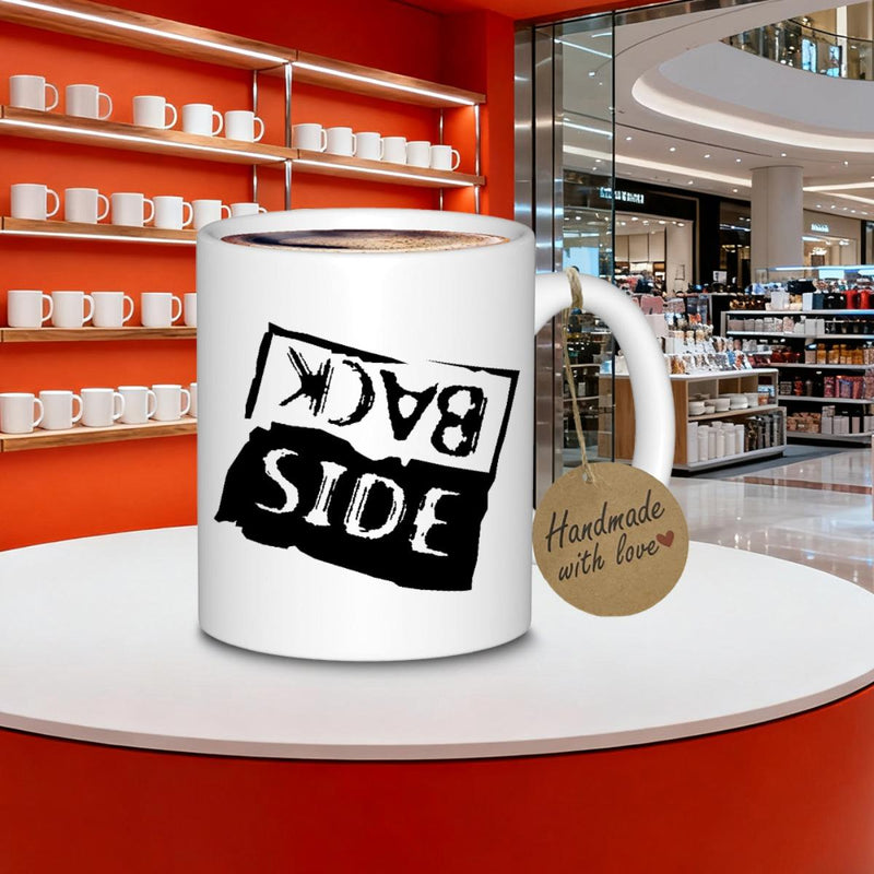 Tailorly White Ceramic 11 oz Mug - Back Side Distressed Bold Black And White Stamp Design On Ceramic Mug