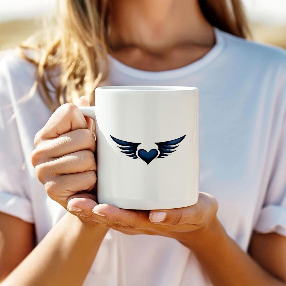 Tailorly White Ceramic 11 oz Mug - Elegant Dark Wings Spreading From A Central Metallic Blue Heart