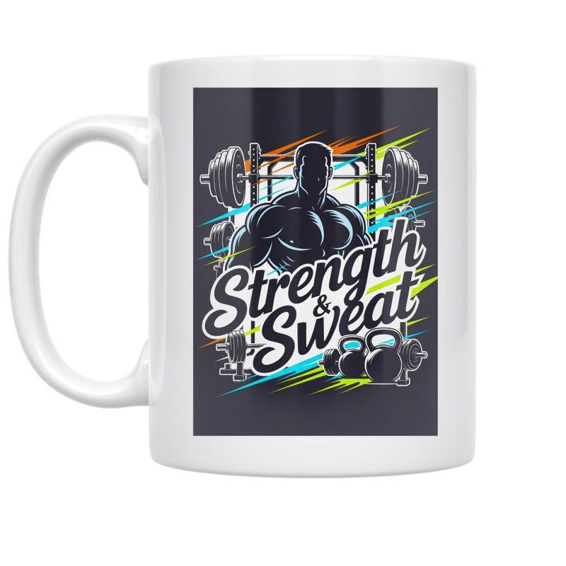 Tailorly White Ceramic 11 oz Mug - Strength Sweat Powerful Muscular Man Training With Heavy Barbell In Gym Bodybuilder