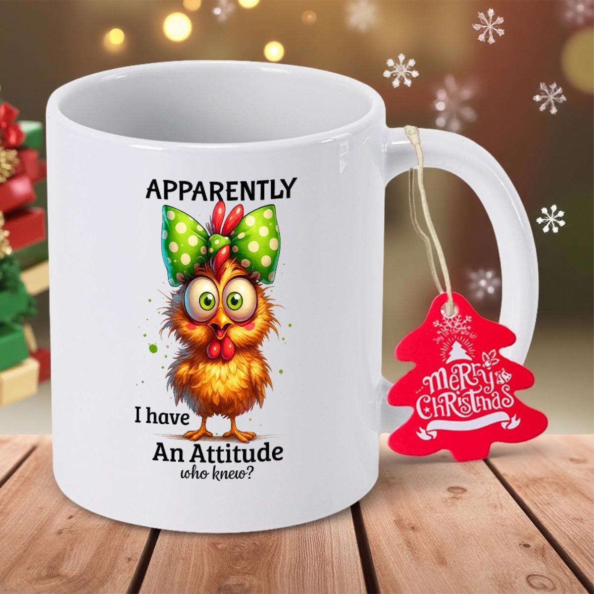 Tailorly White Ceramic 11 oz Mug - Apparently I Have An Attitude Who Knew Adorable Funny Cartoon Bird Wearing Large Green Polka Dot Bow Chicken
