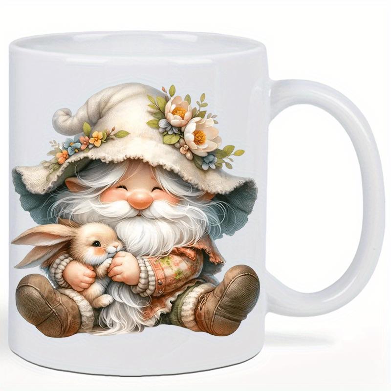 Tailorly White Ceramic 11 oz Mug - Whimsical Enchanted Garden Figure With Floral Hat Cuddling A Gentle Rabbit Gnome