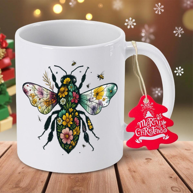 Tailorly White Ceramic 11 oz Mug - Merry Christmas Intricate Vibrant Flowers Blooming Inside Delicate Garden Insect Wings Bee