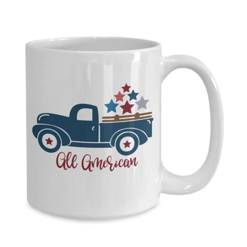 Tailorly White Ceramic 11 oz Mug - All American Vintage Blue Pickup Truck Carrying Patriotic Stars In Rustic Wooden Bed Truck