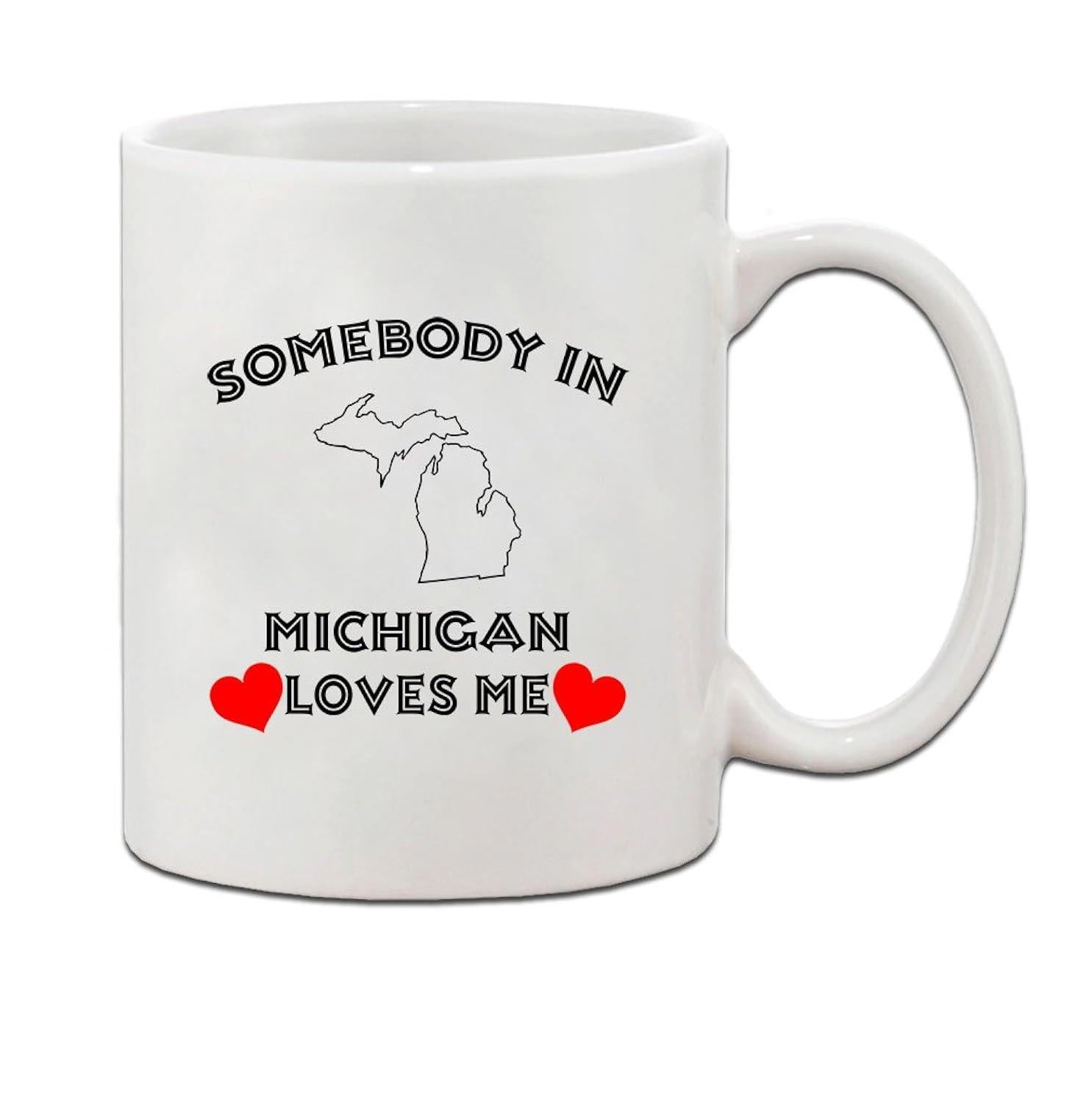 Tailorly White Ceramic 11 oz Mug - Somebody In Michigan Loves Me Minimalist Outline Of State Map Surrounded By Vibrant Red Hearts Map