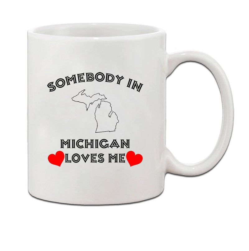 Tailorly White Ceramic 11 oz Mug - Somebody In Michigan Loves Me Minimalist Outline Of State Map Surrounded By Vibrant Red Hearts Map