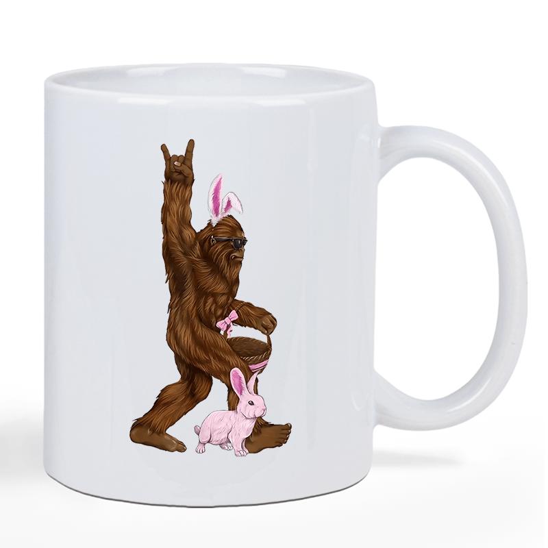 Tailorly White Ceramic 11 oz Mug - Hairy Sasquatch Walking With Pink Bunny Ears And Easter Rabbit Bigfoot