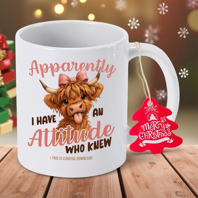 Tailorly White Ceramic 11 oz Mug - Apparently I Have An Attitude Who Knew Cute Shaggy Highland Cow With Pink Bow And Playful Expression Cow