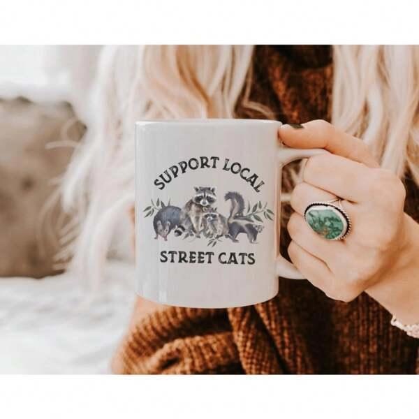 Tailorly White Ceramic 11 oz Mug - Support Local Street Cats Vintage Style Sketch Of A Raccoon Opossum And Skunk Sitting Together Raccoon