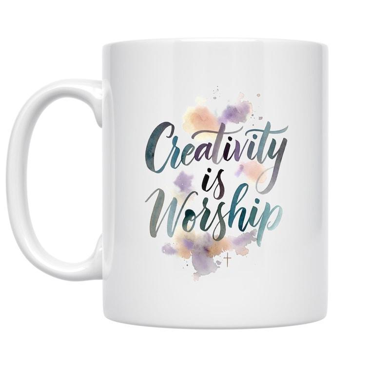 Tailorly White Ceramic 11 oz Mug - Creativity Is Worship Soft Pastel Watercolor Splashes Surrounding Elegant Modern Script Art Calligraphy