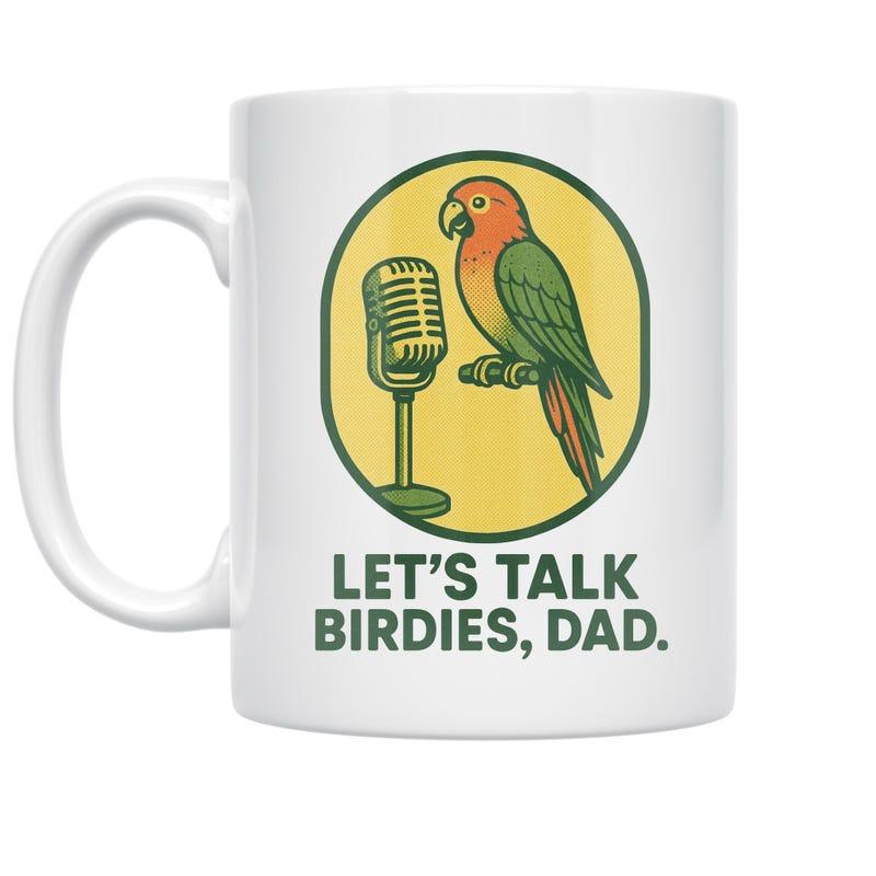 Tailorly White Ceramic 11 oz Mug - Let's Talk Birdies Dad Colorful Sun Conure Standing Near Vintage Silver Broadcasting Microphone Parrot