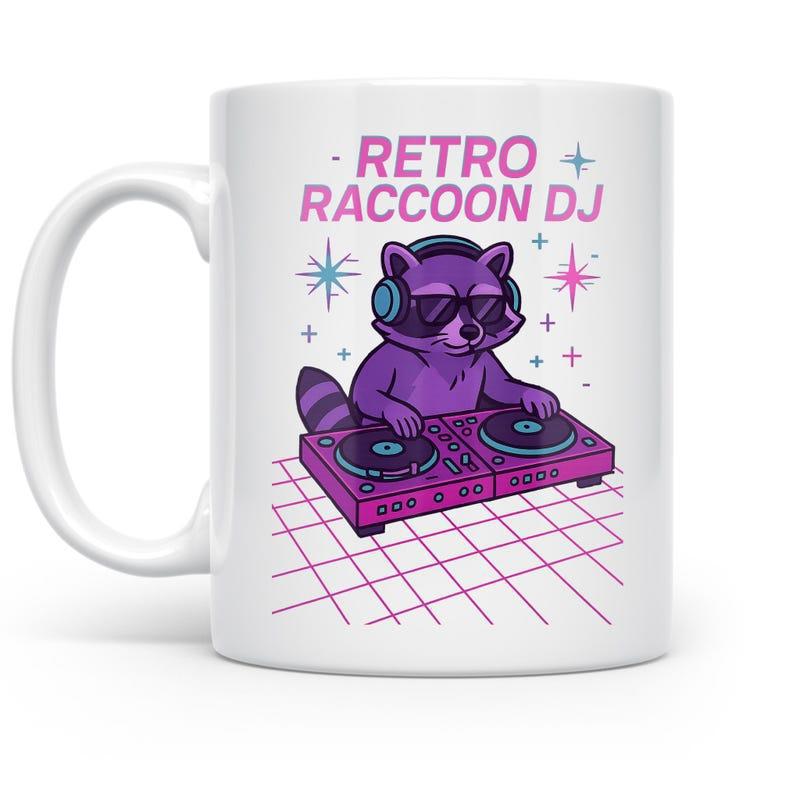 Tailorly White Ceramic 11 oz Mug - Retro Raccoon DJ Vibrant Purple Animal Mixing Music On Pink Turntables Raccoon