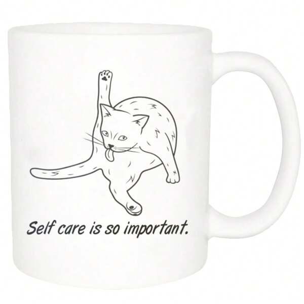 Tailorly White Ceramic 11 oz Mug - Self Care Is So Important Minimalist Line Drawing Of A Grooming Domestic Cat