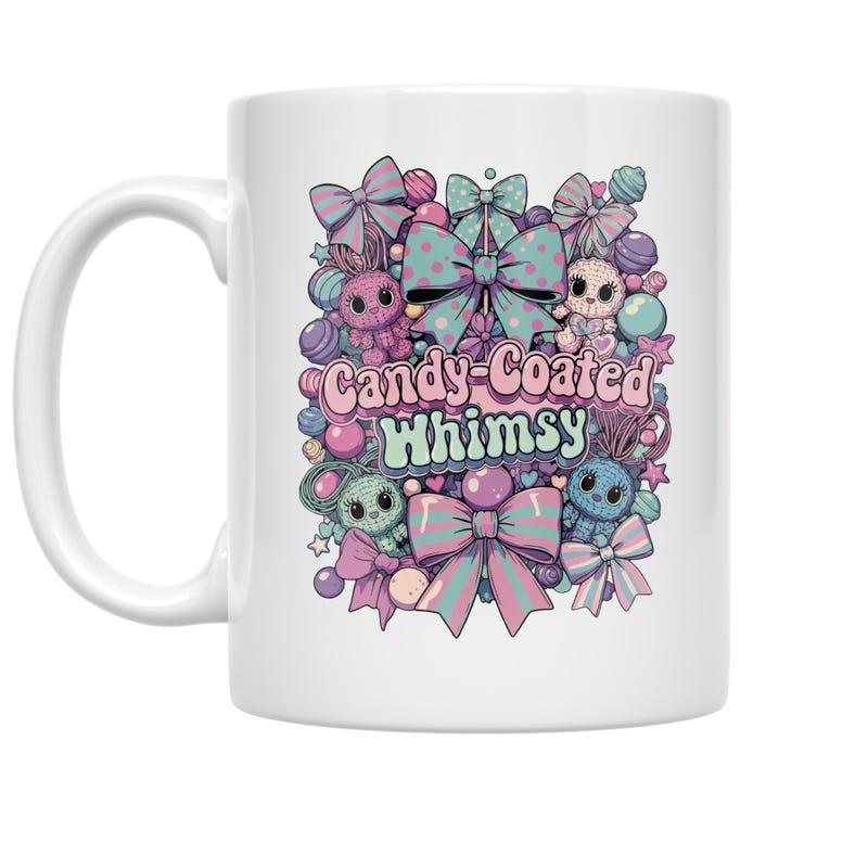 Tailorly White Ceramic 11 oz Mug - Candy Coated Whimsy Pastel Colored Bows With Cute Tiny Animal Characters And Bubbles Bow