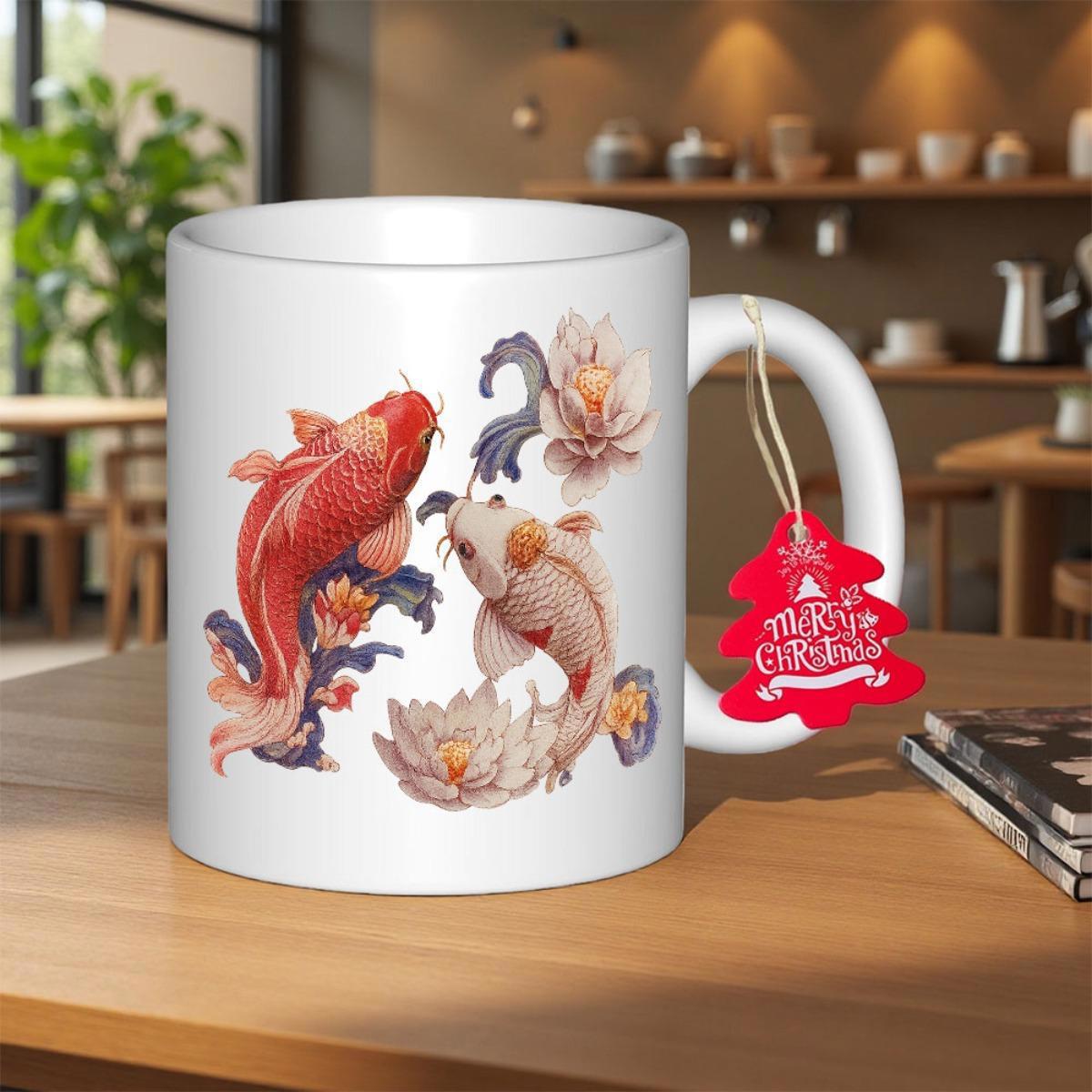 Tailorly White Ceramic 11 oz Mug - Merry Christmas Two Colorful Koi Swimming Gracefully Among Elegant Blooming Lotus Flowers Koi