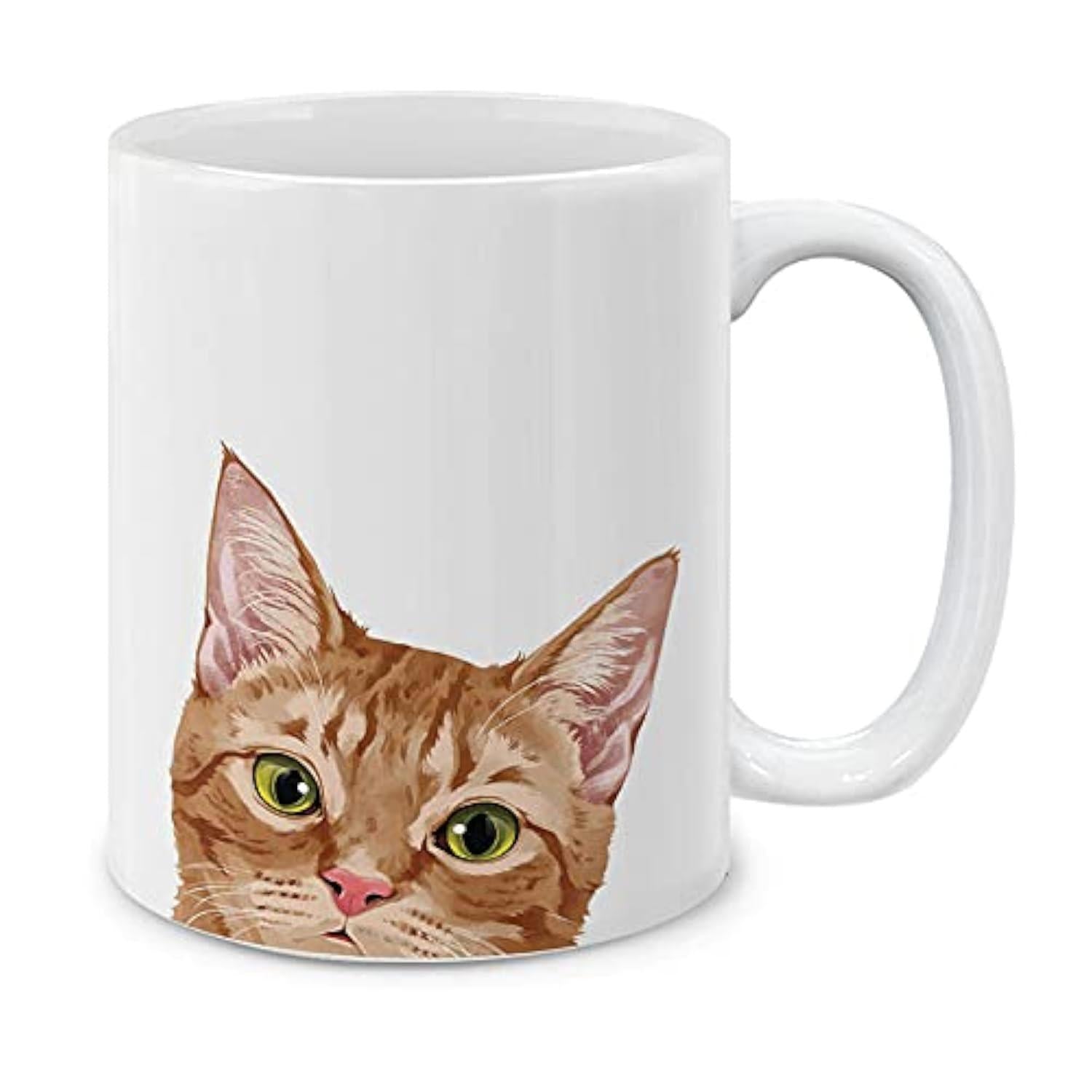 Tailorly White Ceramic 11 oz Mug - Cute Orange Tabby Peeking Out From Bottom With Large Green Eyes Cat