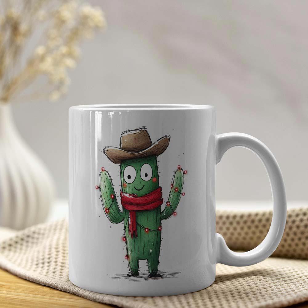 Tailorly White Ceramic 11 oz Mug - Adorable Green Desert Plant Wearing Brown Cowboy Hat And Red Scarf Cactus