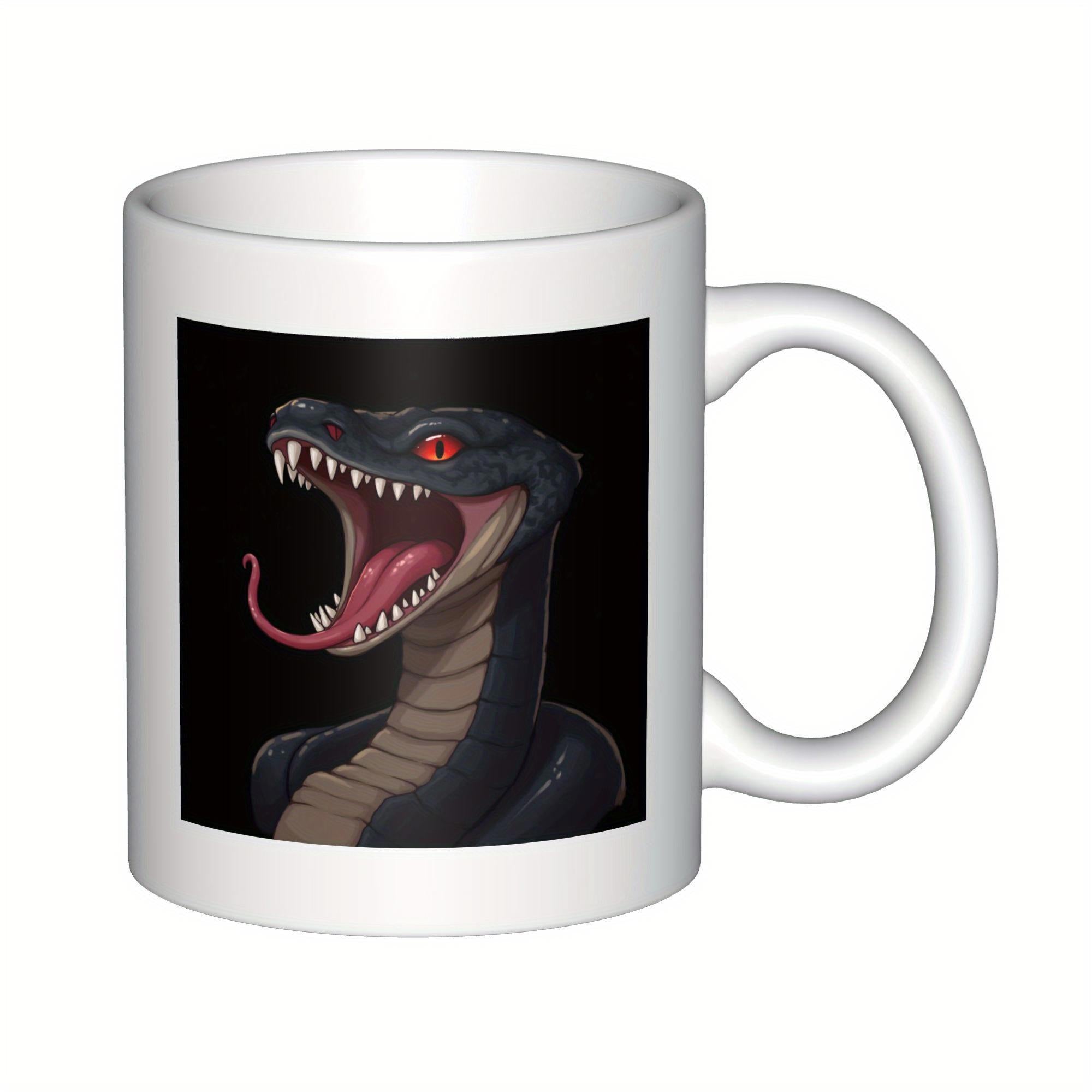 Tailorly White Ceramic 11 oz Mug - Fierce Dark Serpent With Open Mouth And Sharp Fangs Red Eyes Snake