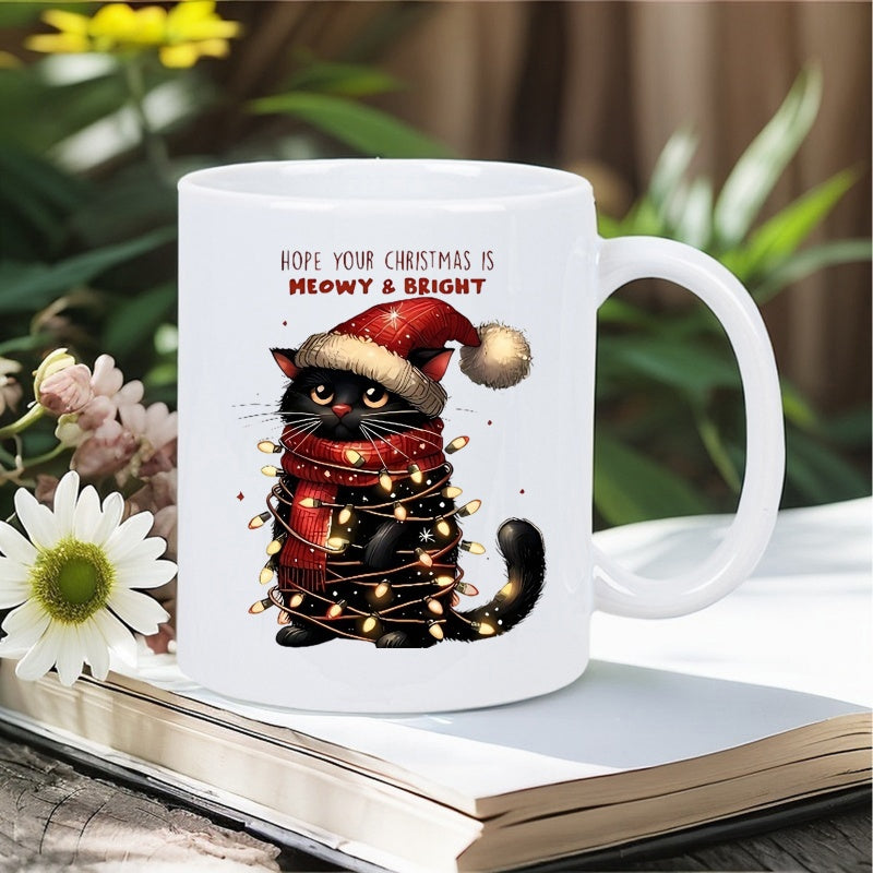 Tailorly White Ceramic 11 oz Mug - Hope Your Christmas Is Meowy Bright Adorable Black Kitten Wrapped In Glowing Festive Holiday Lights Wearing Scarf Cat