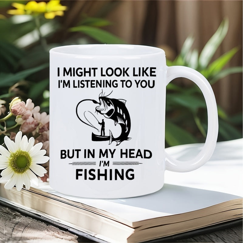 Tailorly White Ceramic 11 oz Mug - I Might Look Like I'm Listening To You But In My Head I'm Fishing Silhouette Of Fisherman In Small Boat Catching A Large Jumping