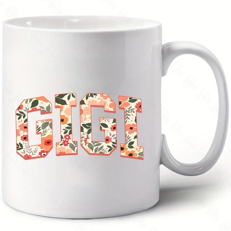 Tailorly White Ceramic 11 oz Mug - Gigi Vintage Floral Patterned Large Letters On A Ceramic Mug