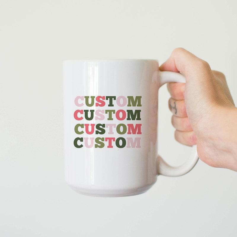 Tailorly White Ceramic 11 oz Mug - Custom Colorful Repeated Block Typography On Minimalist White Surface Mug