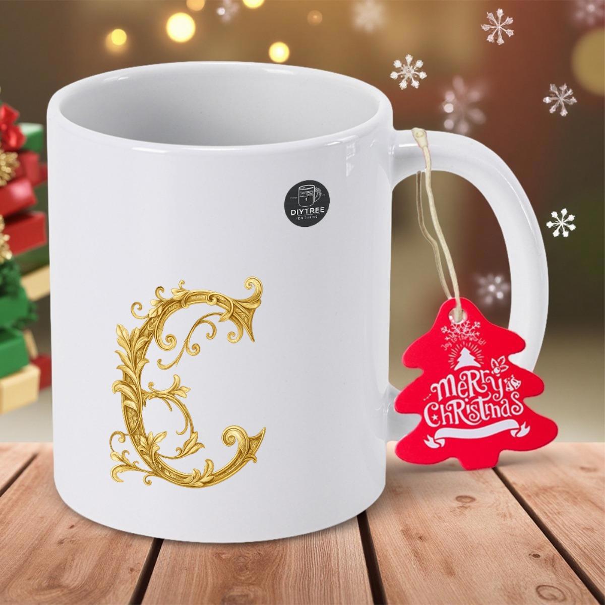 Tailorly White Ceramic 11 oz Mug - Merry Christmas C Elegant Golden Baroque Filigree Design With Ornate Swirls And Vintage Textures Letter