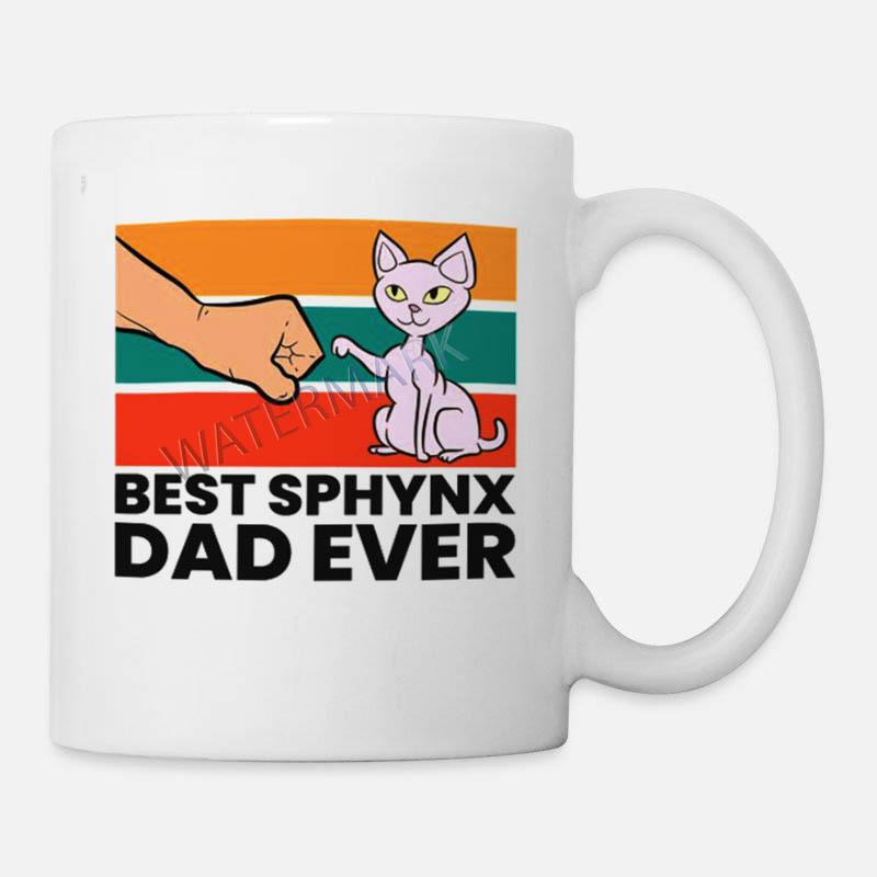 Tailorly White Ceramic 11 oz Mug - Best Sphynx Dad Ever Retro Colored Stripes Background With Human Fist Bumping Cat