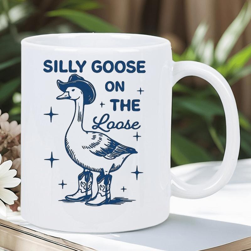 Tailorly White Ceramic 11 oz Mug - Silly Goose On The Loose Charming Navy Blue Illustration Wearing Western Cowboy Hat And Boots Goose