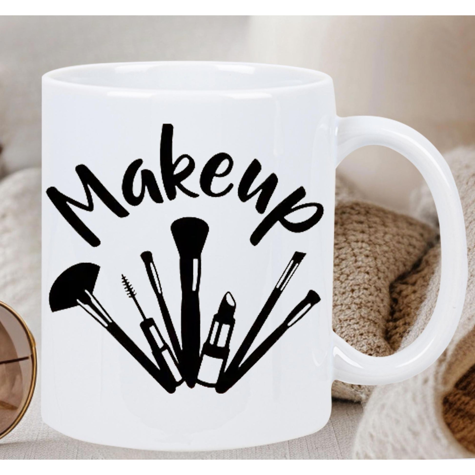Tailorly White Ceramic 11 oz Mug - Makeup Stylized Cosmetic Brushes And Lipstick Silhouettes Arranged In A Fan Pattern Kit