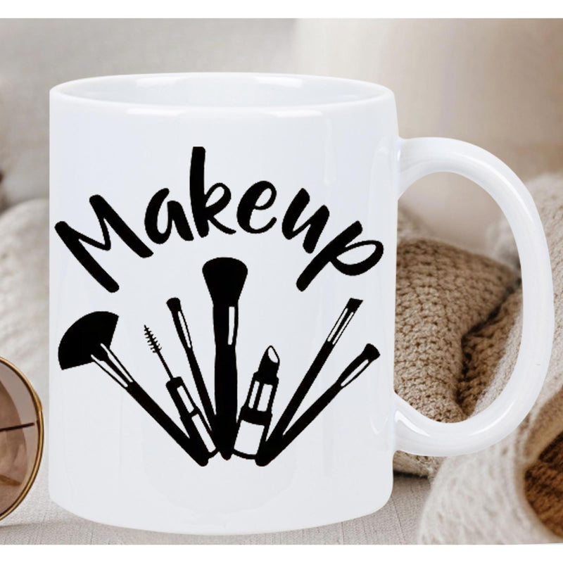 Tailorly White Ceramic 11 oz Mug - Makeup Stylized Cosmetic Brushes And Lipstick Silhouettes Arranged In A Fan Pattern Kit