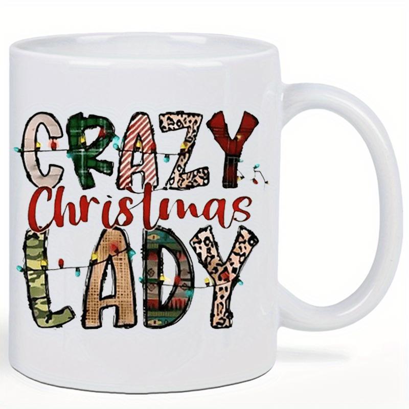 Tailorly White Ceramic 11 oz Mug - Crazy Christmas Lady Festive Christmas Lights Tangled Around Patterned Large Block Text