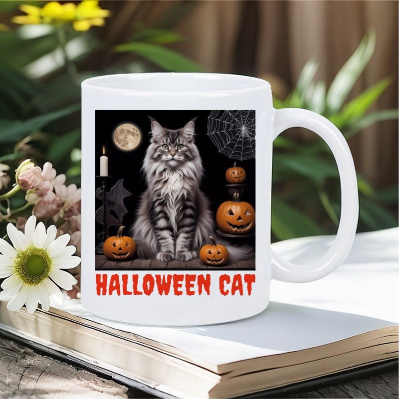 Tailorly White Ceramic 11 oz Mug - Halloween Cat Majestic Maine Coon Surrounded By Carved Pumpkins Under A Full Moon Cat