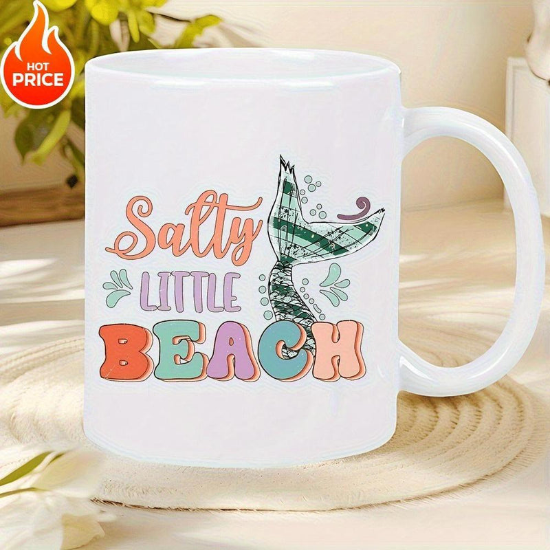Tailorly White Ceramic 11 oz Mug - Salty Little Beach Retro Artistic Mermaid Tail With Colorful Plaid Textures Among Coastal Beach Vibes Tail