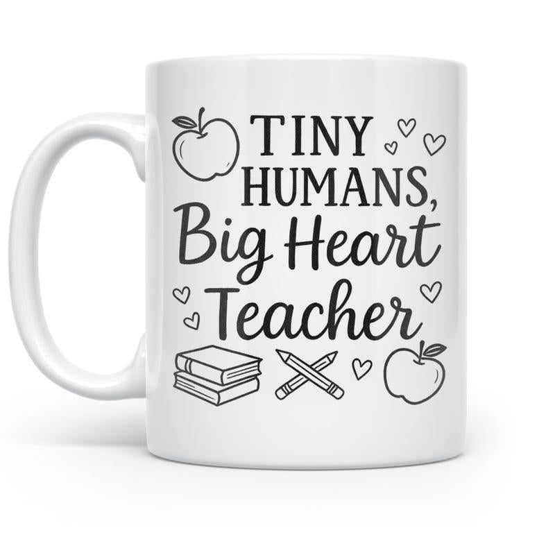 Tailorly White Ceramic 11 oz Mug - Tiny Humans Big Heart Teacher Minimalist Line Art School Supplies With Small Hearts And Apples Mug