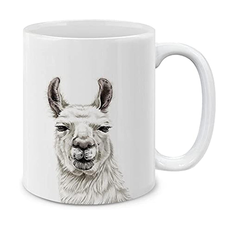 Tailorly White Ceramic 11 oz Mug - Hand Drawn Artistic Sketch Of A Fluffy Animal Standing Against Background Llama