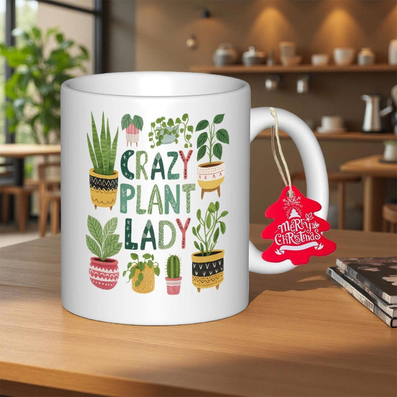 Tailorly White Ceramic 11 oz Mug - Crazy Plant Lady Various Vibrant Potted Houseplants Featuring Artistic Hand Drawn Textures Plant