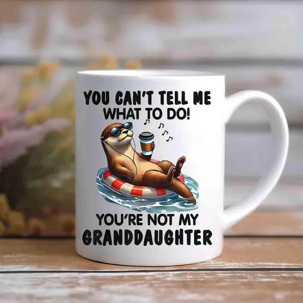 Tailorly White Ceramic 11 oz Mug - You Cant Tell Me What To Do Youre Not My Granddaughter Wearing Sunglasses Floating On Lifebuoy Holding Coffee In Rippling Blue