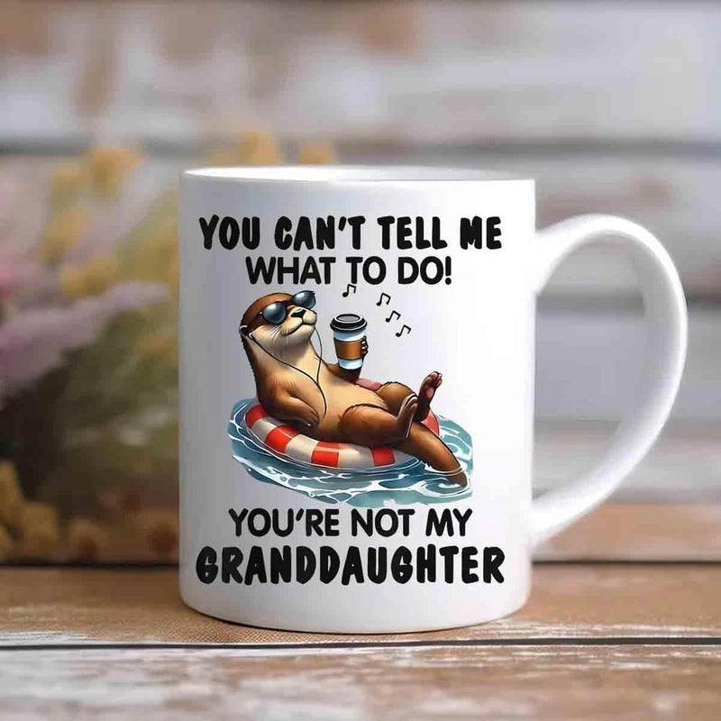 Tailorly White Ceramic 11 oz Mug - You Cant Tell Me What To Do Youre Not My Granddaughter Wearing Sunglasses Floating On Lifebuoy Holding Coffee In Rippling Blue