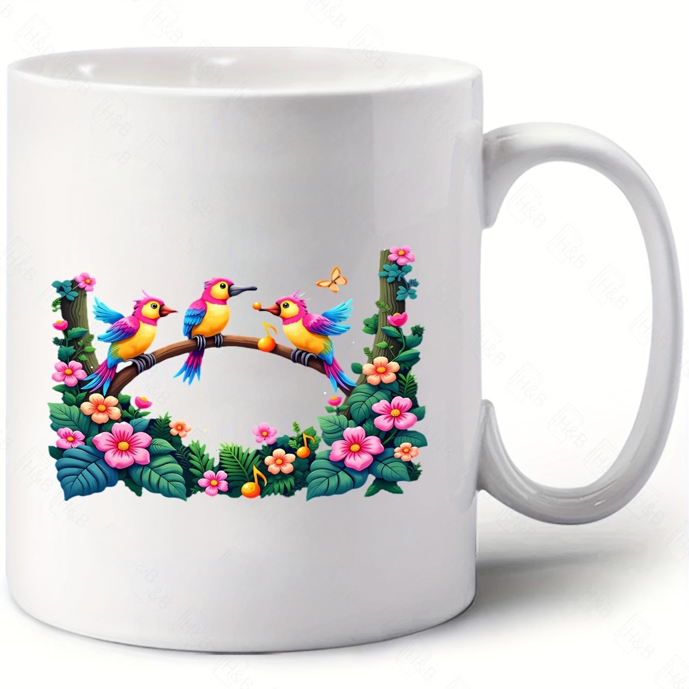 Tailorly White Ceramic 11 oz Mug - Three Colorful Tropical Birds Perched Upon Branch Amidst Pink Floral Garden Bird