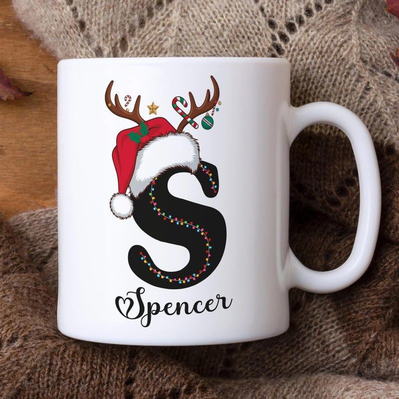 Tailorly White Ceramic 11 oz Mug - Spencer Festive Christmas Antlers With Santa Hat And Glowing Decorative Ornaments Reindeer