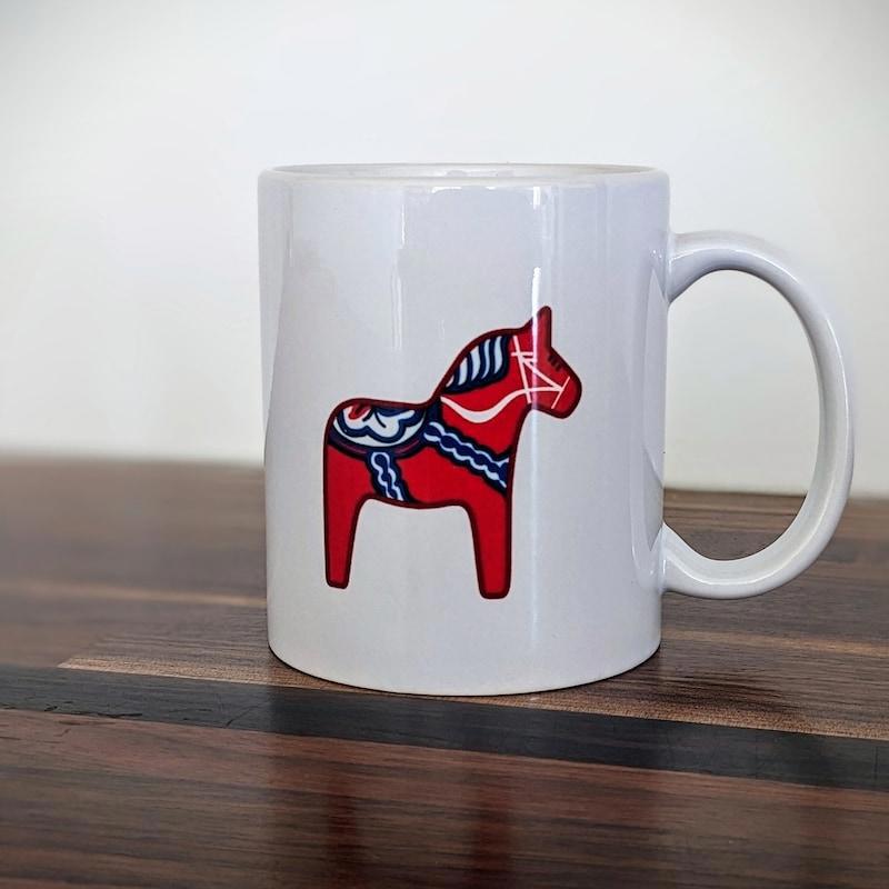 Tailorly White Ceramic 11 oz Mug - Vibrant Red Traditional Swedish Folk Art Painted Pattern With Intricate Details Horse