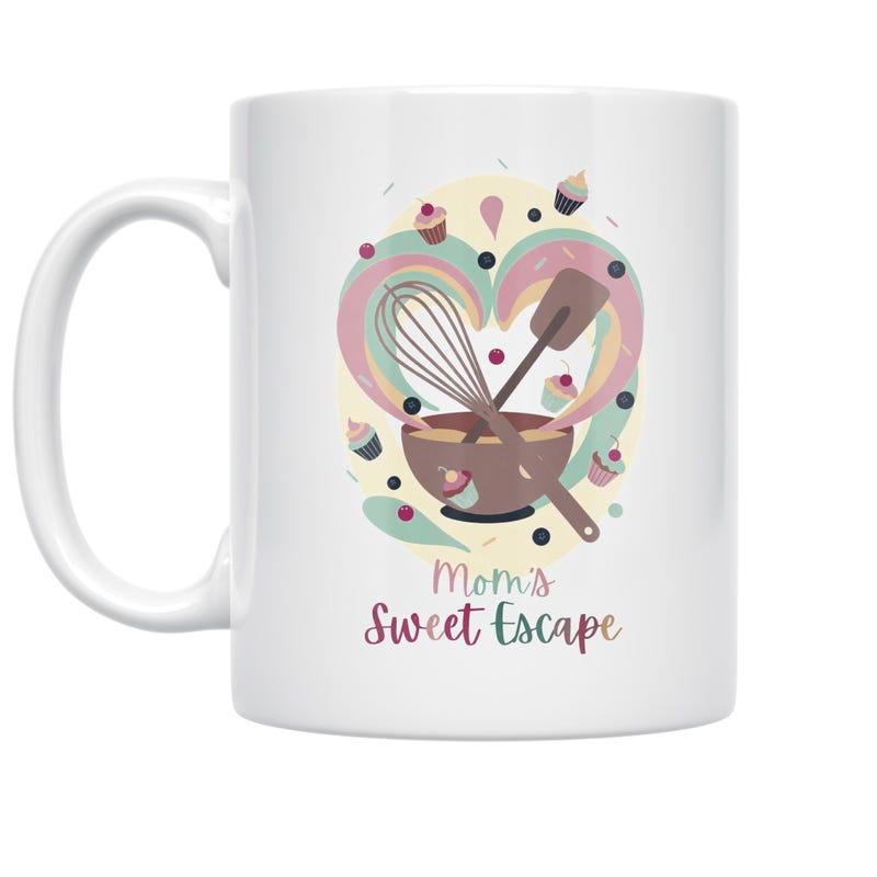 Tailorly White Ceramic 11 oz Mug - Mom's Sweet Escape Baking Tools With Whisk And Spatula Inside A Heart Rainbow Whisk