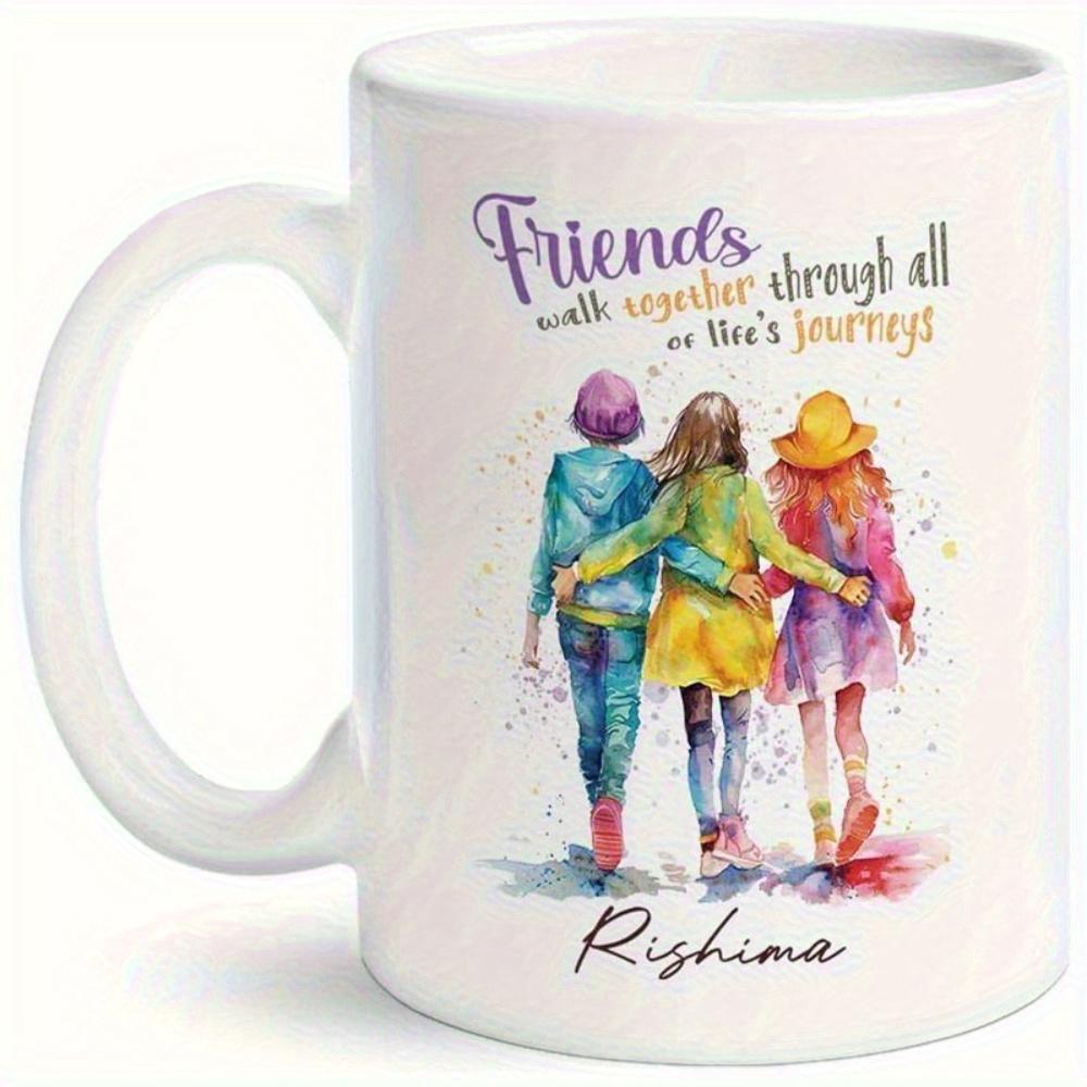 Tailorly White Ceramic 11 oz Mug - Friends Walk Together Through All Of Lifes Journeys Rishima Colorful Watercolor Three Girls Walking Toward Horizon For Lifelong