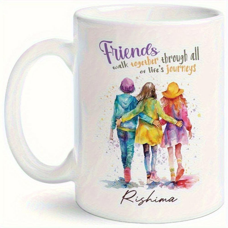 Tailorly White Ceramic 11 oz Mug - Friends Walk Together Through All Of Lifes Journeys Rishima Colorful Watercolor Three Girls Walking Toward Horizon For Lifelong