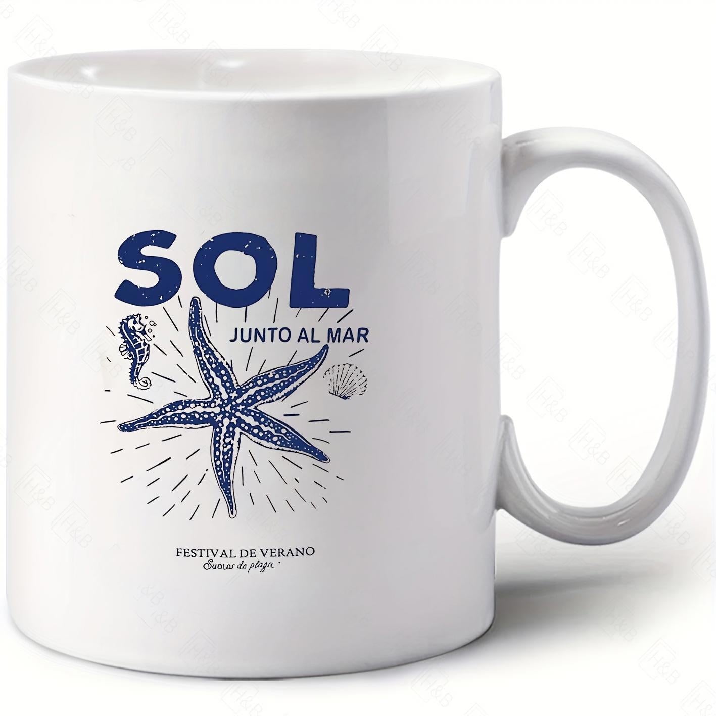 Tailorly White Ceramic 11 oz Mug - Detailed Blue Marine Life Featuring Decorative Ocean Symbols And Artistic Coastal Starfish