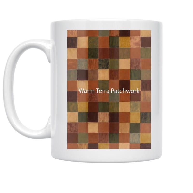 Tailorly White Ceramic 11 oz Mug - Warm Terra Patchwork Earth Toned Geometric Squares Arranged In A Detailed Grid Pattern Patchwork
